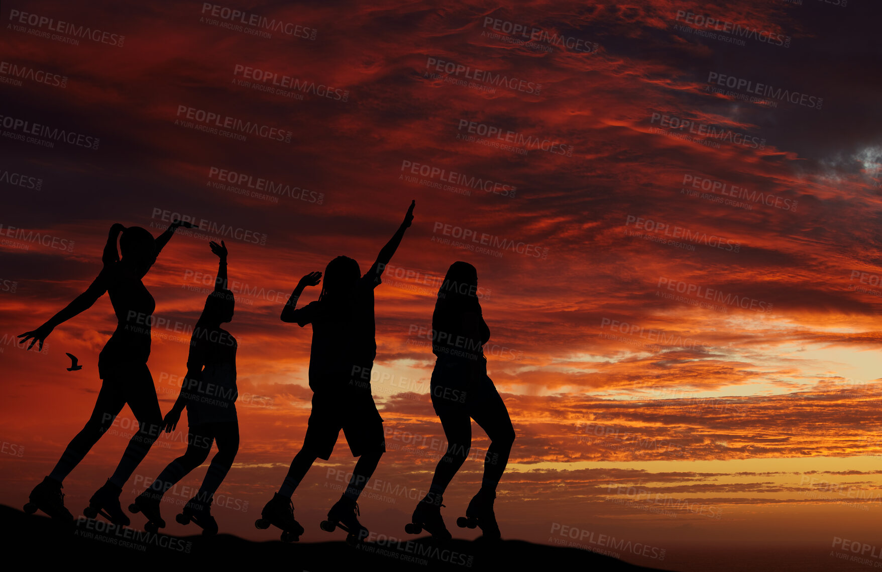 Buy stock photo Sunset, silhouette and roller skate friends out on an adventure or travel for fun while skating and watching horizon view with orange or red sky. Freedom, scenery and beauty of nature and friendship