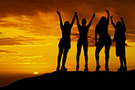 Hiking friends silhouette on mountain with sunset sky or horizon. Young, fitness or carefree people or gen z shadow at night with orange and yellow background sky for wellness, health and adventure