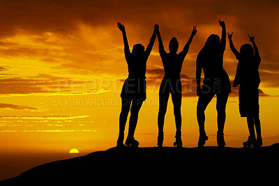 Buy stock photo Roller skating friends silhouette on hill with sunset sky horizon. Young, fitness or carefree people or gen z shadow at night with orange and yellow background sky for wellness, youth and adventure