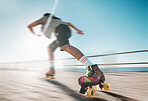 Freedom, speed and fitness, a woman on roller skates in the sun. Summer sports, retro exercise and a girl skating as a workout. Action, motion and sunshine, a professional skater going fast on a path