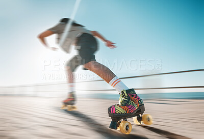 Buy stock photo Freedom, speed and fitness, a woman on roller skates in the sun. Summer sports, retro exercise and a girl skating as a workout. Action, motion and sunshine, a professional skater going fast on a path