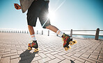 Person roller skating, sport and fitness on a sidewalk, sea or ocean shore. Sun flare, exercise and sports with roller skate cardio workout, training for wellness, strength and health on promenade.

