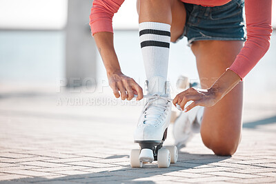Buy stock photo Skate, shoes and woman sport fitness athlete on a beach boardwalk about to start skating. Sports, workout and training of a healthy female on a summer day working on a skater exercise for cardio