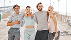 Accountability fitness group of friends portrait for outdoor training exercise or summer workout. Motivation, mission and goal of fun sports people exercise break for healthy lifestyle in urban city 