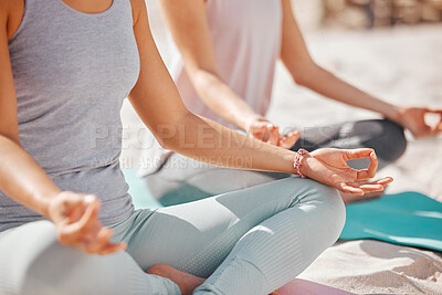 Buy stock photo Beach yoga meditation, zen and friends mudra hands in lotus pose for nature, exercise and workout. Calm energy, focus mind and healthy training for spiritual peace, wellness balance and relax fitness