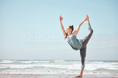 Buy stock photo Health, fitness and yoga with woman meditation pose at a beach, stretching and training workout. Flexible female practice balance, energy and posture in nature, relax with zen and peace mindset