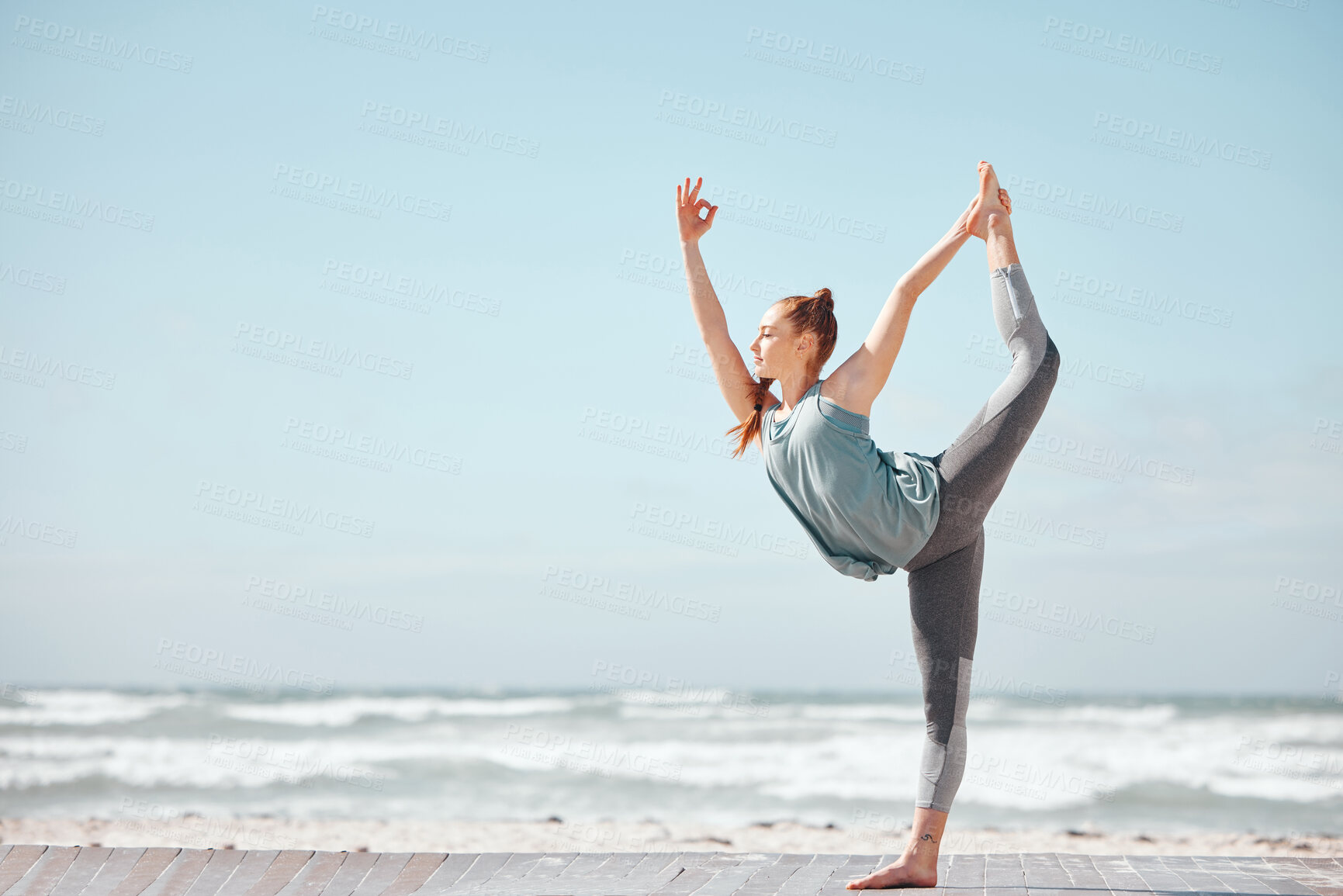 Buy stock photo Health, fitness and yoga with woman meditation pose at a beach, stretching and training workout. Flexible female practice balance, energy and posture in nature, relax with zen and peace mindset