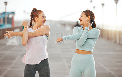 Buy stock photo Fitness women, exercise and wellness with friends stretching and warming up during their workout and training outside. Happy accountability athlete partners out for a run for health and to stay fit