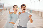 Man and woman friends with tongue out, happy and crazy together in city after fitness workout outdoor in sunny summer. Funny, comic and Japanese Asian young people smile, hug and love for friendship