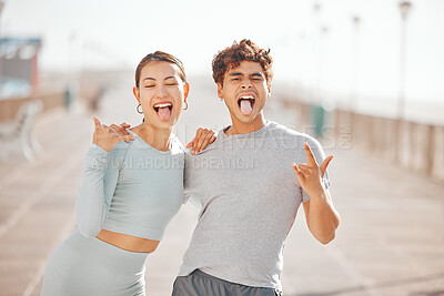 Buy stock photo Man and woman friends with tongue out, happy and crazy together in city after fitness workout outdoor in sunny summer. Funny, comic and Japanese Asian young people smile, hug and love for friendship