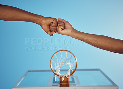 Buy stock photo Hands of basketball friends or team fist bump at game training and practice match at basketball court. Competitive athlete people in unity, solidarity and union play together sports hobby for fitness