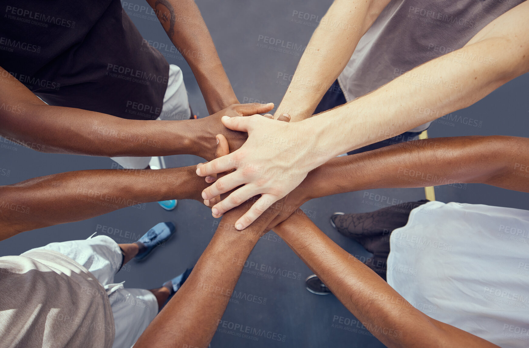Buy stock photo Teamwork, solidarity and diversity sports people hands stacked together from above. Athlete group or community accountability with goal, motivation or team collaboration, trust and fitness mission
