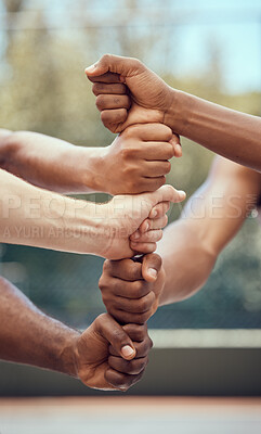 Buy stock photo Team diversity hands, support and sports community of men athlete group ready for training. Solidarity, trust and motivation collaboration hand gesture of commitment to teamwork, exercise and workout
