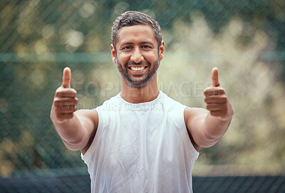 Buy stock photo Happy yes thank you or success thumbs up of a sports man with a smile on a tennis court. Winner, happiness or target goal completion celebration hand gesture of a athlete outdoors with motivation