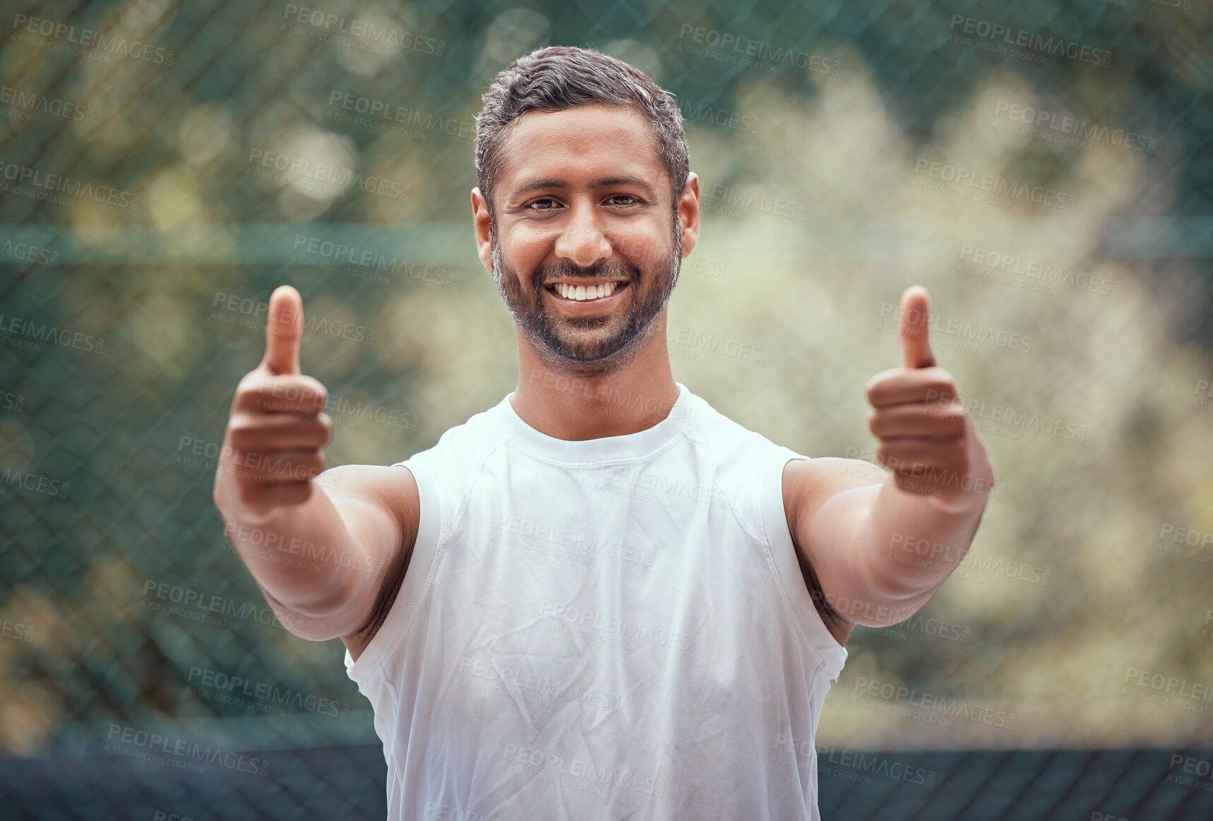 Buy stock photo Happy yes thank you or success thumbs up of a sports man with a smile on a tennis court. Winner, happiness or target goal completion celebration hand gesture of a athlete outdoors with motivation