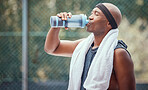 Wellness, sports and fitness drinking water man after training, workout or exercise outdoor. Health, athlete and male trainer resting with refreshing liquid after playing a sport, running or cardio 