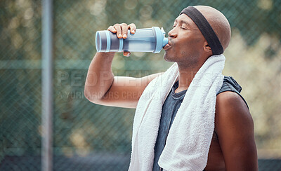Buy stock photo Wellness, sports and fitness drinking water man after training, workout or exercise outdoor. Health, athlete and male trainer resting with refreshing liquid after playing a sport, running or cardio 