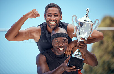 Buy stock photo Sports men trophy, award and winning success, prize and achievement of teamwork, happy and smile athletes. Portrait sports competition game winners, champion motivation celebration and contest reward