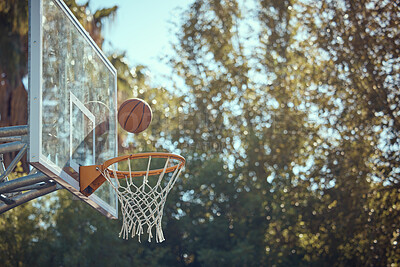Buy stock photo Basketball court net, point score and sports playing game, competition and action match outdoor. Background hoop winning, goal target aim and shooting hoops skills training, hobby and fun performance
