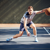 Portrait, sport and basketball man on court in training, practice