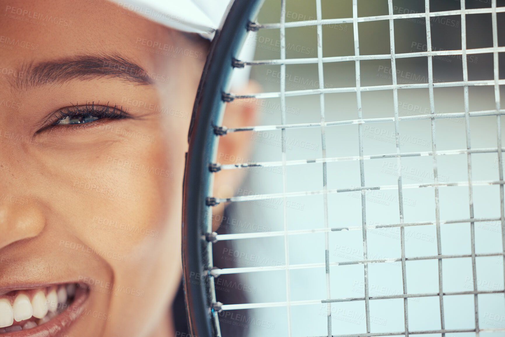 Buy stock photo Tennis, racket and woman face of athlete from Japan with a smile ready for exercise and training. Sport workout, motivation and happy Asian player about to start sports, cardio and fitness game