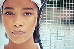Tennis sports, face of black woman and fitness lifestyle motivation. Strong racket, athlete focus and closeup of strong girl. Exercise training, confident for competition game and zoom vision closeup