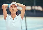 Tennis, court and girl tired after game play for professional sports tournament practice. Athlete woman with fatigue, mental exhaustion and burnout symptoms while on fitness exercise break.
