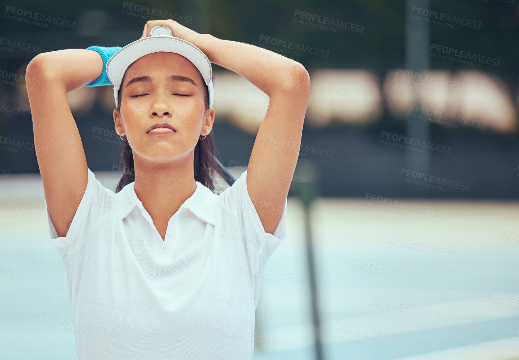 Buy stock photo Tennis, court and girl tired after game fail or loss for professional sports tournament practice. Athlete woman with fatigue, mental exhaustion and frustrated while on fitness exercise break.