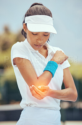 Buy stock photo Tennis woman, elbow pain and abstract injury on sports court in wellness exercise, training and health workout. Fitness stress, burnout and medical emergency or arm accident for athlete in match game