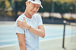 Tennis arm, man and pain on the court while playing competitive and intense game workout outside. Inflammation, accident and injury at sports training practice with asian athlete holding muscle.