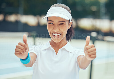 Buy stock photo Success, motivation and thumbs up by tennis player happy while training and exercise on outdoor court. Vision, winner and thank you from professional athlete showing victory hand sign or gesture
