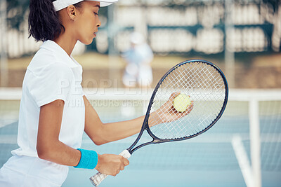 Buy stock photo Tennis, racket and serve with woman athlete training on game court for fitness, workout and health. Motivation, competition and match with young female playing sports exercise for active lifestyle