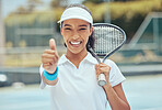 Tennis, woman and thumbs up, happy smile after training, workout or fitness activity on court. Girl motivation, achievement and success, champion cheerful outdoors after winning a game. 