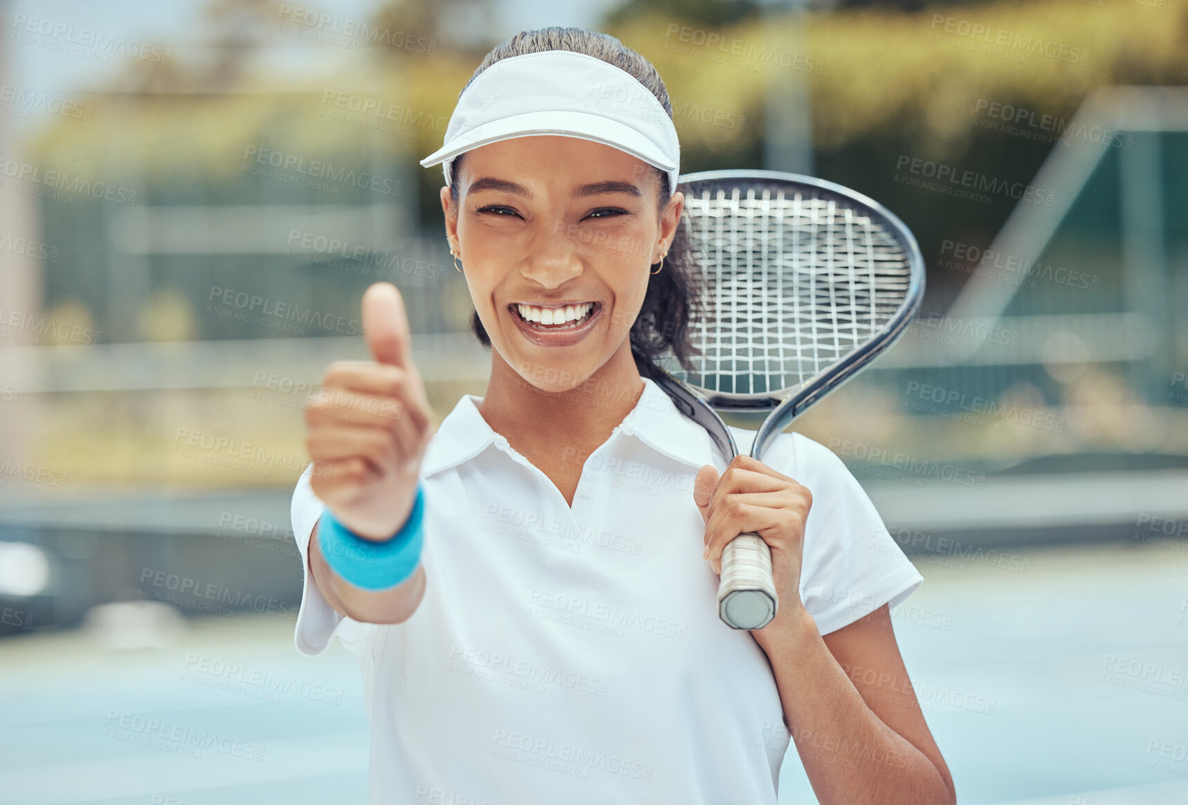 Buy stock photo Tennis, woman and thumbs up, happy smile after training, workout or fitness activity on court. Girl motivation, achievement and success, champion cheerful outdoors after winning a game. 