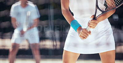 Buy stock photo Woman, tennis court and hands on racket in sports game for competition closeup of playing. Fitness, exercise and girl in professional match tournament with athletic clothes and equipment.