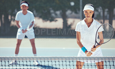 Buy stock photo Determination, tennis and teamwork with athletes playing on game court training for sports fitness and exercise together. Motivation, health and wellness with young tennis player ready for serve 