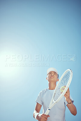 Buy stock photo Tennis, training and serve with athlete playing on game court for sports, fitness and wellness. Motivation, workout and health lifestyle with young tennis player in outdoor competition match 