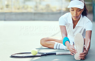 Buy stock photo Tennis player, exercise and competitive sport with a woman stretching to prepare for a game or match on an outdoor court. Fitness with a female player sitting and doing warmup workout and practice