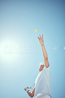 Buy stock photo Court, tennis ball and athlete man swing racket in air for sports tournament with copy space. Focus and action in professional match game with competitive, determined and active person.