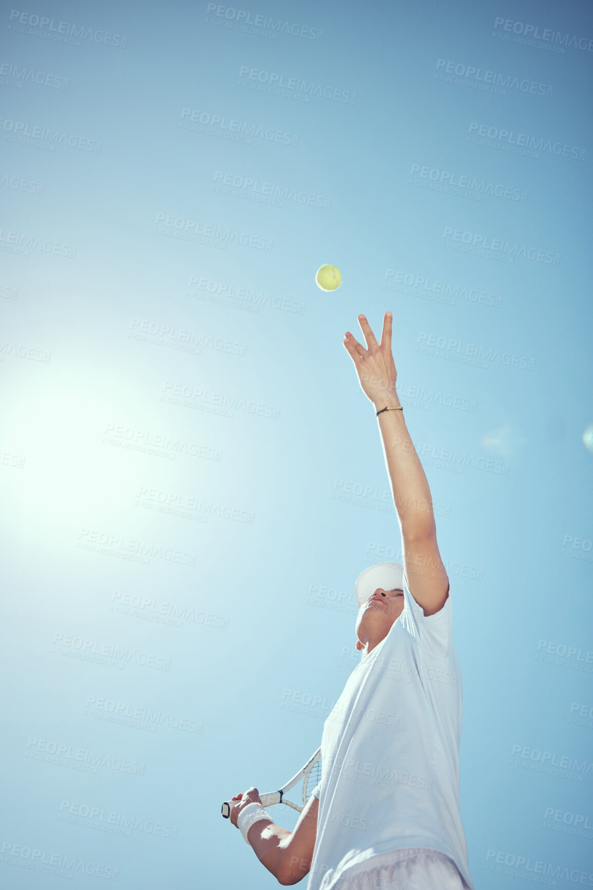 Buy stock photo Court, tennis ball and athlete man swing racket in air for sports tournament with copy space. Focus and action in professional match game with competitive, determined and active person.