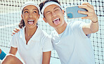 Tennis team taking funny selfie with phone, comic sports people being crazy training for sport competition on court and collaboration at fitness event. Happy, smile and relax athlete taking photo