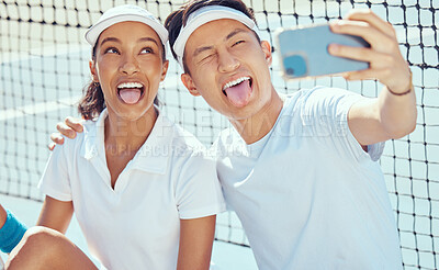 Buy stock photo Tennis team taking funny selfie with phone, comic sports people being crazy training for sport competition on court and collaboration at fitness event. Happy, smile and relax athlete taking photo