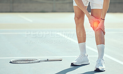 Buy stock photo Tennis athlete legs with knee pain, injury or inflammation  from sports fitness training exercise accident at tennis court. Competitive man or person with medical emergency of joint and muscle bruise