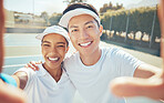 Selfie, tennis and court sports with people taking happy, smile and fun photograph for social media. Portrait of asian man, coach and winner woman after success training, workout and fitness exercise