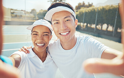 Buy stock photo Selfie, tennis and court sports with people taking happy, smile and fun photograph for social media. Portrait of asian man, coach and winner woman after success training, workout and fitness exercise