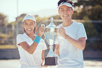Champion, professional portrait and trophy for tennis tournament winners with joyful and satisfied smile. Success, victory and achievement award for sports competition with athlete man and woman.
