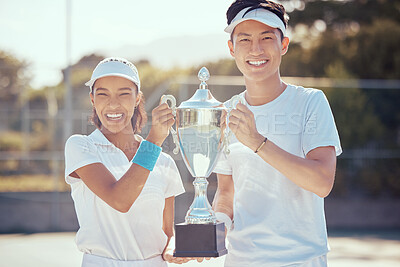 Buy stock photo Champion, professional portrait and trophy for tennis tournament winners with joyful and satisfied smile. Success, victory and achievement award for sports competition with athlete man and woman.