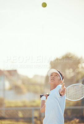 Tennis court, woman and serve with ball in the air for athlete championship practice action. Focus, serious and dedicated girl sports player with concentration to win a tournament game.