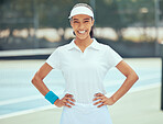 Tennis, fitness and portrait of sports woman with training, exercise and workout in outdoor tennis court. Happy, smile and wellness health girl ready for practice, training or game.