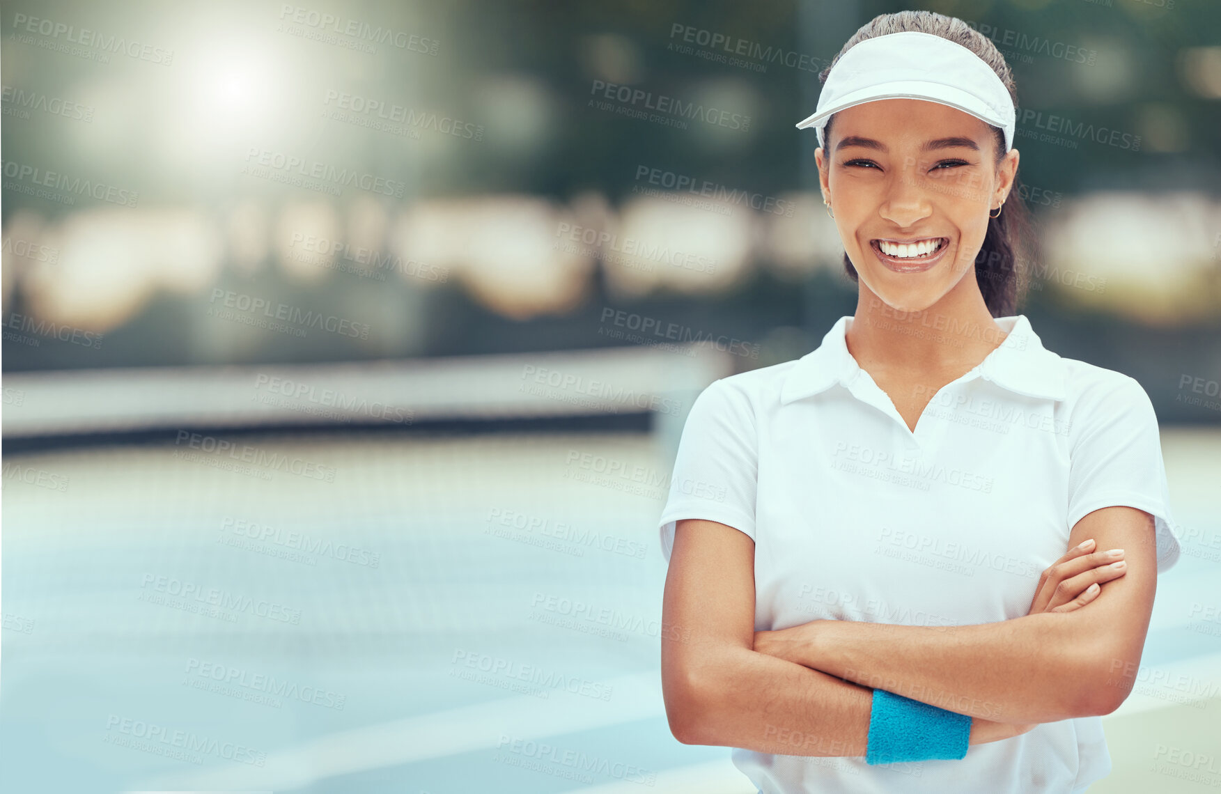 Buy stock photo Tennis, sport and fitness with a sports woman on a court with her arms crossed outside for health and wellness. Training, exercise and fitness with a young female player ready for a game or match